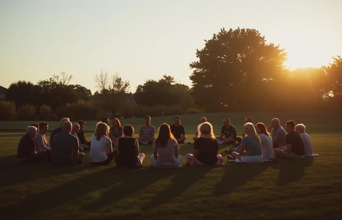 A community circle gathered at golden hour